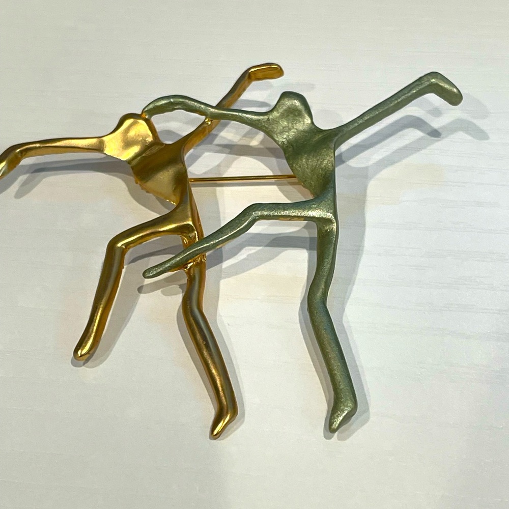 Vintage Abstract Dancing People Brooch Pin Gold Green
